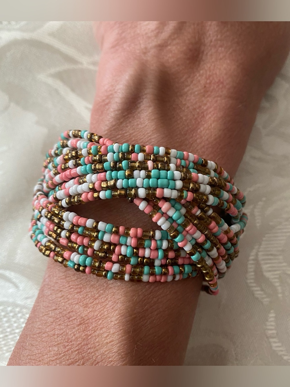 9”L x 1.75”W Cuff Bracelet Braided Seed Bead Beads Boho Teal Orange Brown Beaded